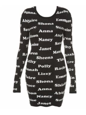 Emma Cook x Top Shop 1990’s Black and White Name-Print Long Sleeve Bodycon Dress